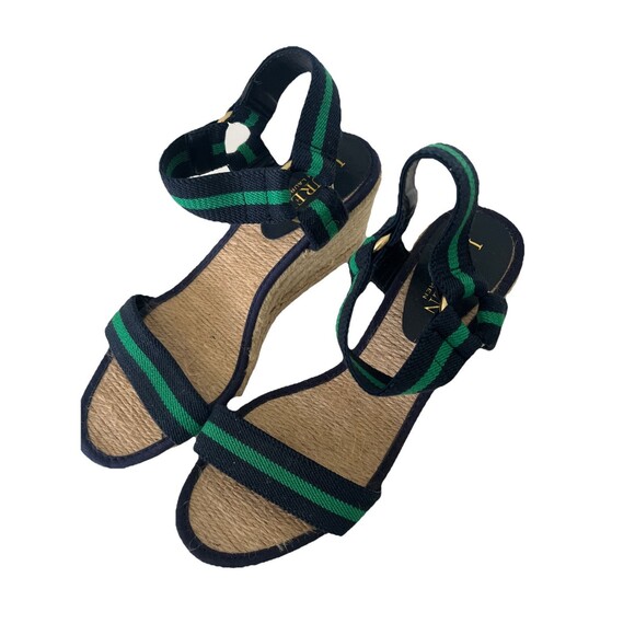New Ralph Lauren Wedge Sandal Womens Green Blue Ilene Espadrille Ankle Strap 6B - Picture 1 of 9